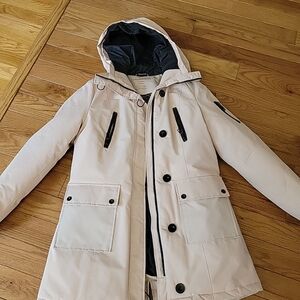 Nautica Stylish Cream Hooded Coat with Black Accents, New Without Tag